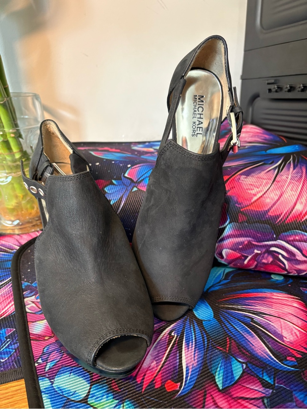 MICHAEL Michael Kors Black Suede Peep-Toe Slingback Heels